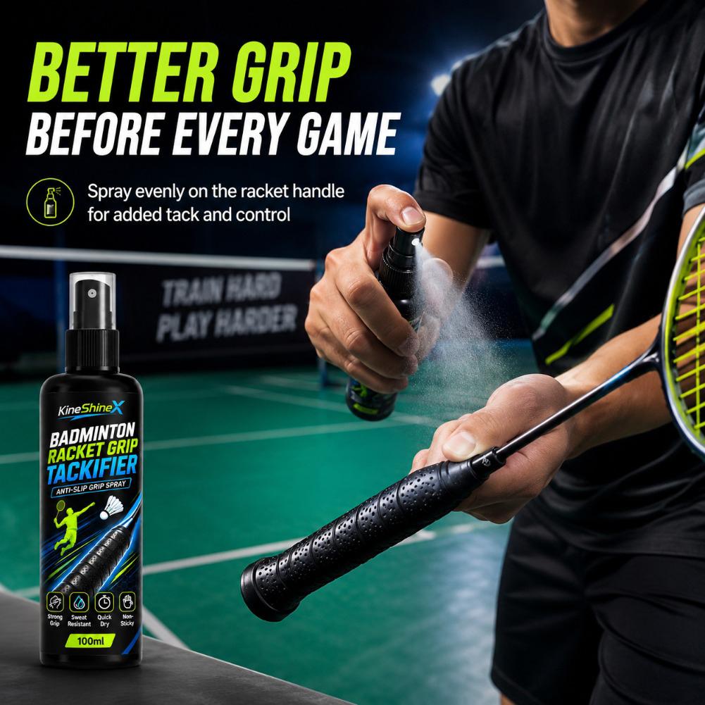 Badminton Grip - テニスやバドミントンのラケット用、滑り止め効果のあるグリップスプレー。吸汗性があり、手の滑りを防ぎ、グリップ力を高めます。