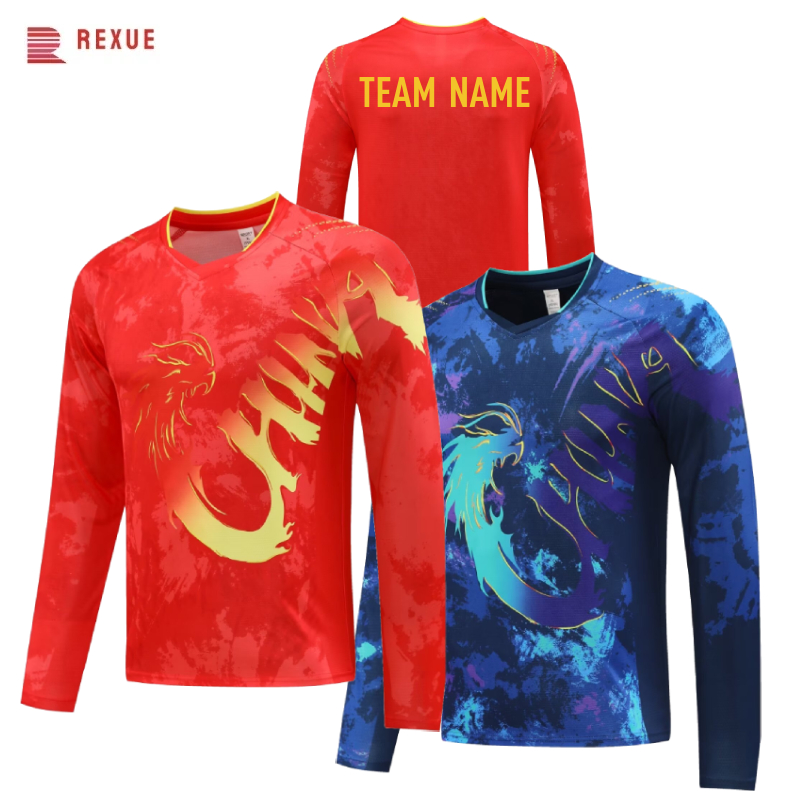 Badminton Jersey - 中国ドラゴン長袖卓球シャツ 2024 赤青中国チームバドミントンジャージ男性女性のためのチーム名ロゴを印刷することができます